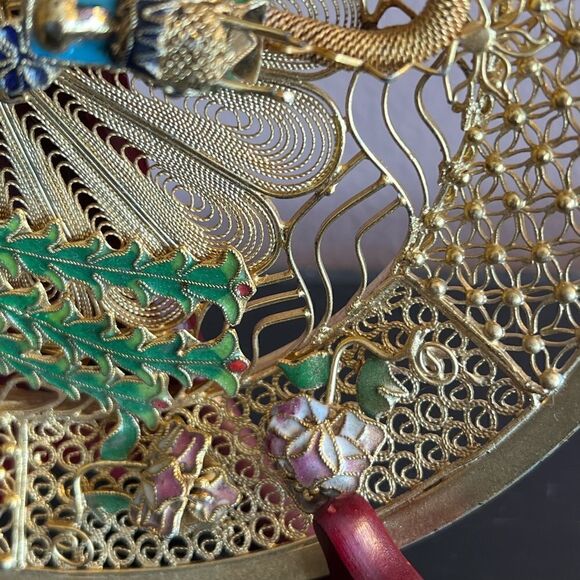 Chinese gold filigree enamel 3D dragon Phoenix decorative plate - Picture 5 of 14